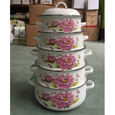 Hot sale rose decal 5pcs set enamel cast iron cookware set