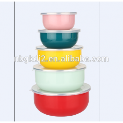 enamel storage mixing bowl product with SS rim and PP lid high quality OEM design